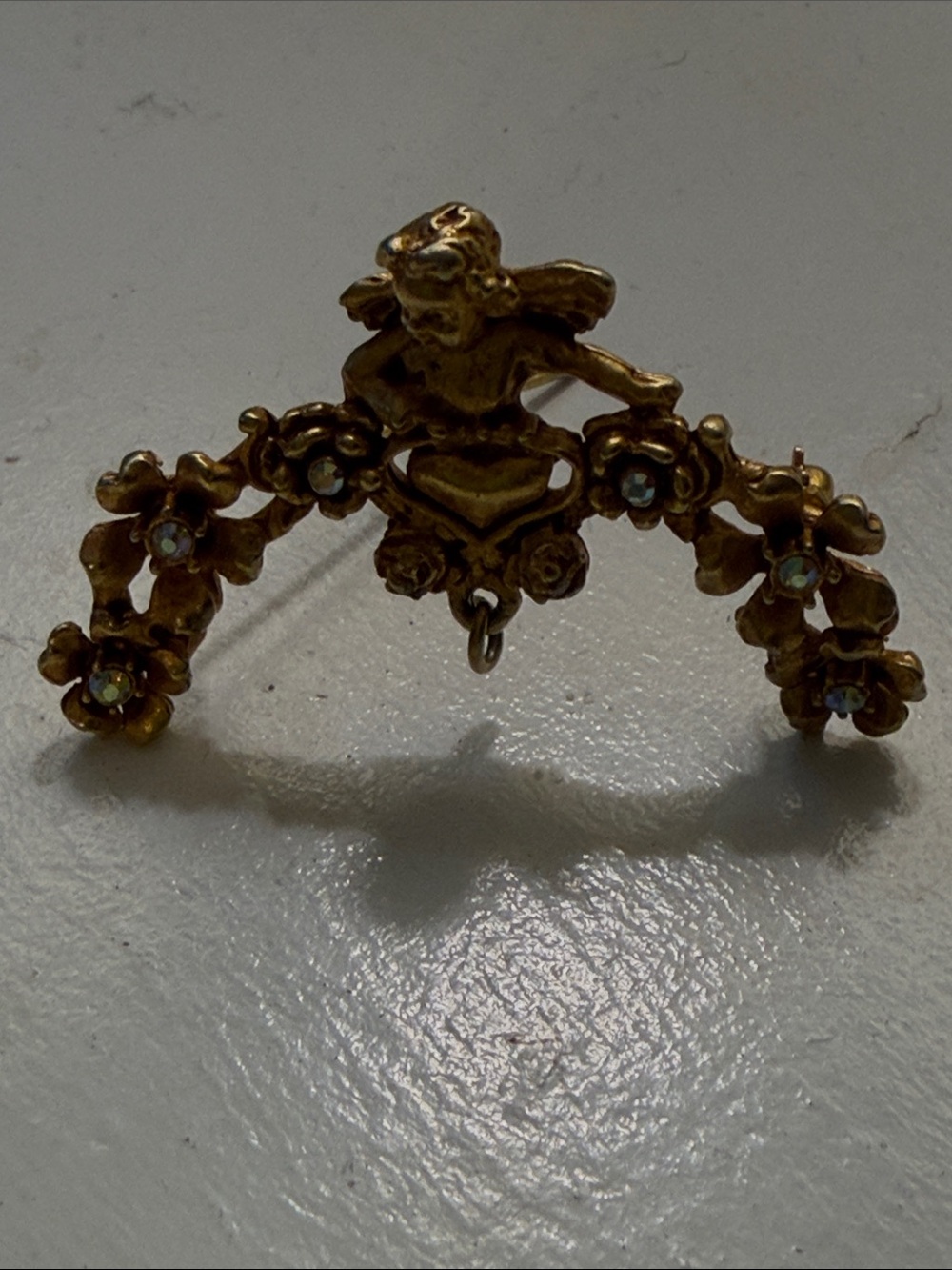 Kirks Folly Gold Cherub & Floral Brooch with Aurora Borealis Accents